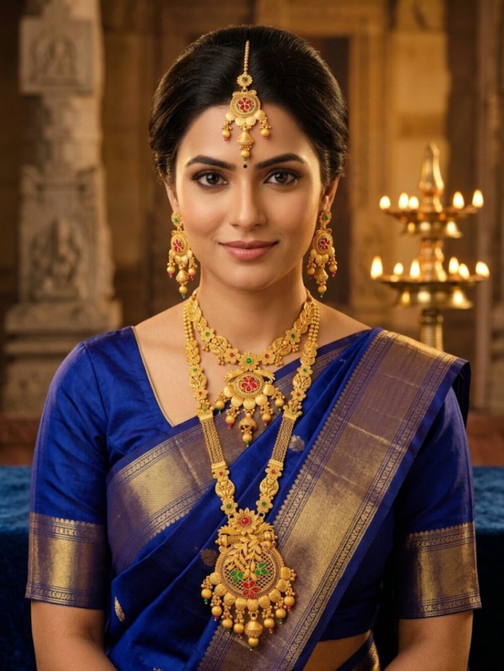 Traditional Gold Temple Jewelry Set: Long Haram Necklace and Matching Jhumka Ear
